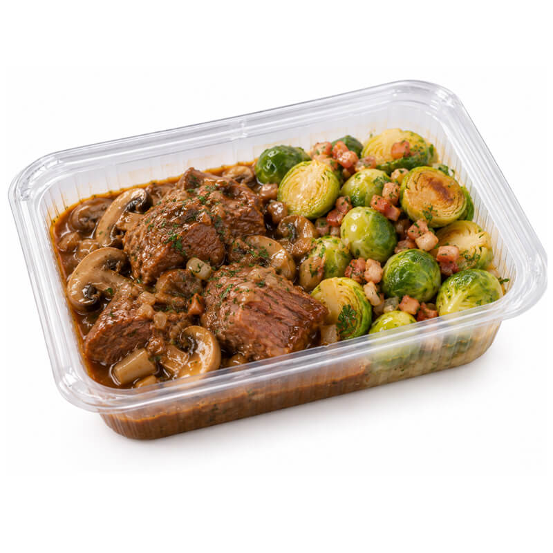 Joue de porc aux champignons & choux de Bruxelles
