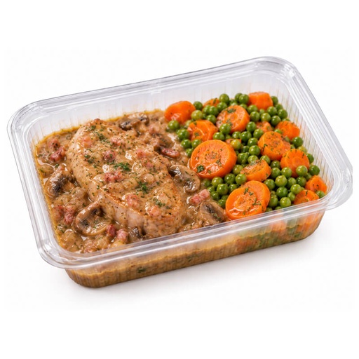 Pavé de porc sauce charcutière & petits pois - carottes